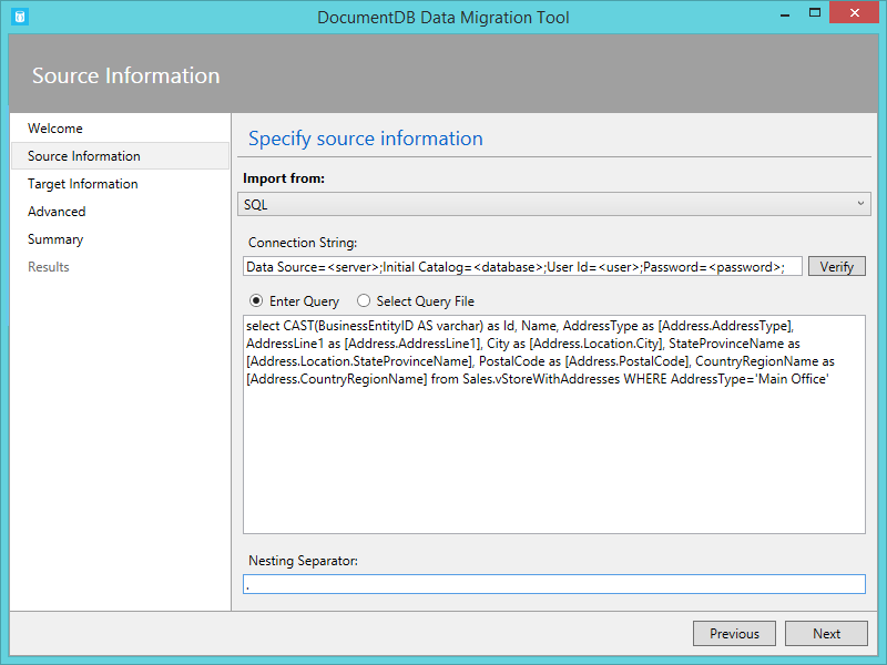 Captura de ecrã das opções de origem de SQL - ferramentas de migração de bases de dados