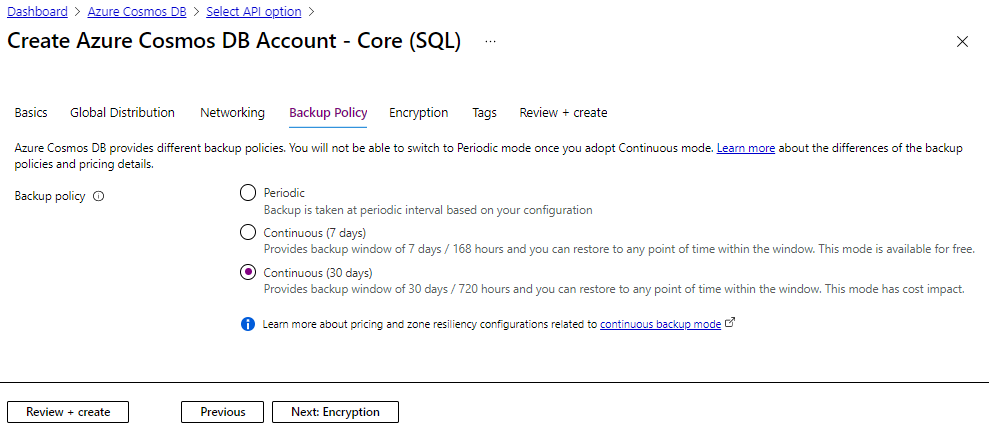 Provisione uma conta do Azure Cosmos DB com configuração de backup contínuo.