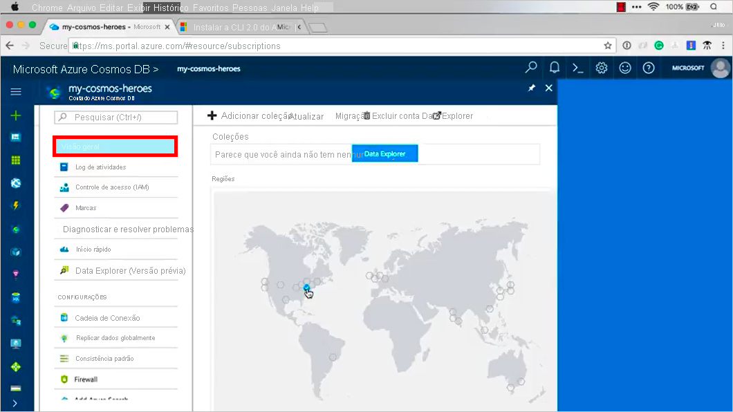 Screenshot shows the Overview of an Azure Cosmos DB DB Account.