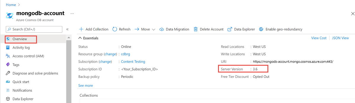 Captura de ecrã de como verificar a versão atual da sua conta MongoDB a partir do portal do Azure.