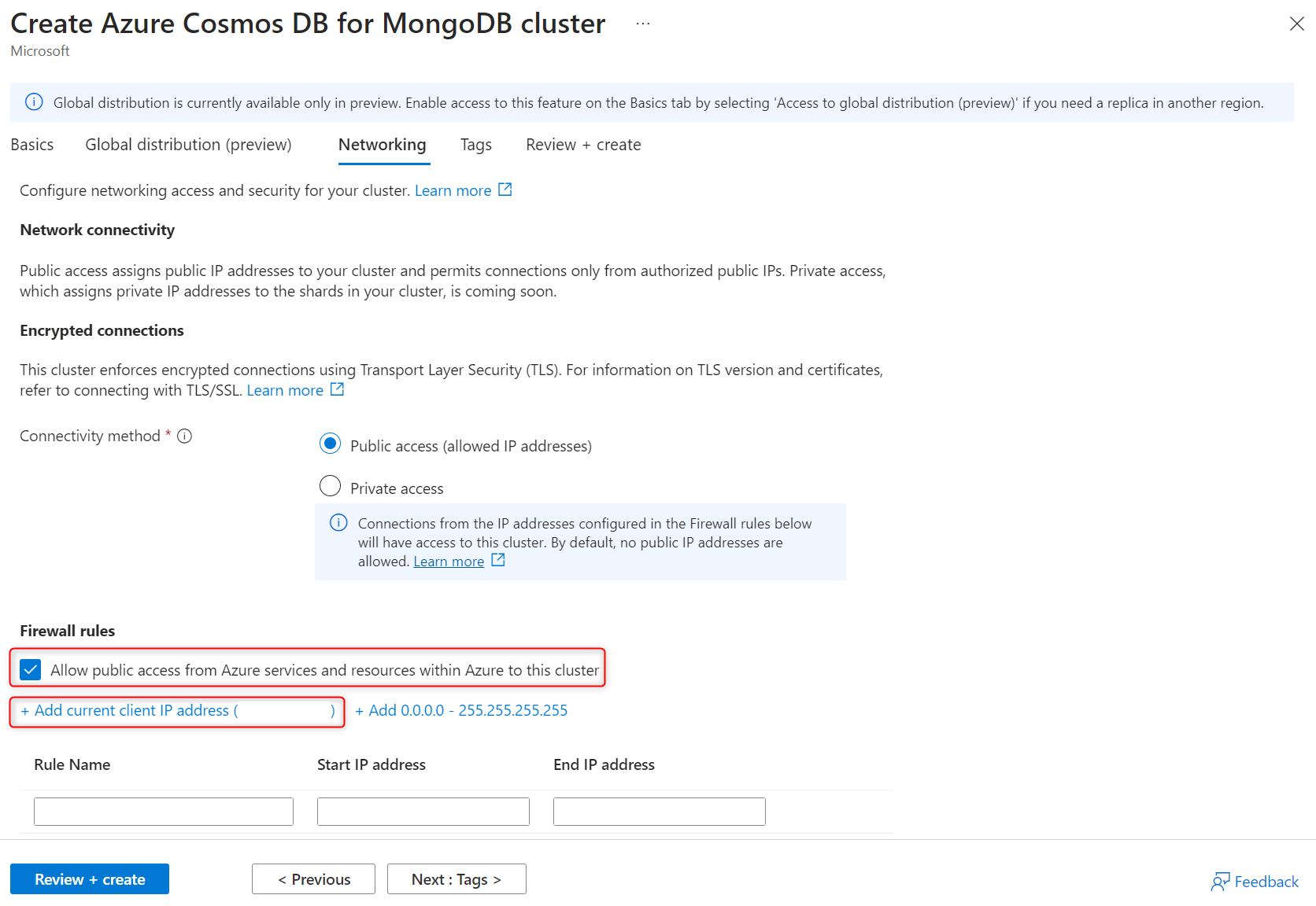 Captura de tela das opções de rede e firewall para um cluster.