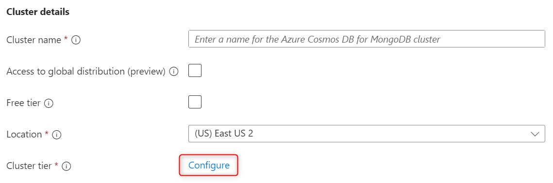 Captura de tela da opção configurar cluster para um novo cluster do Azure Cosmos DB para MongoDB.