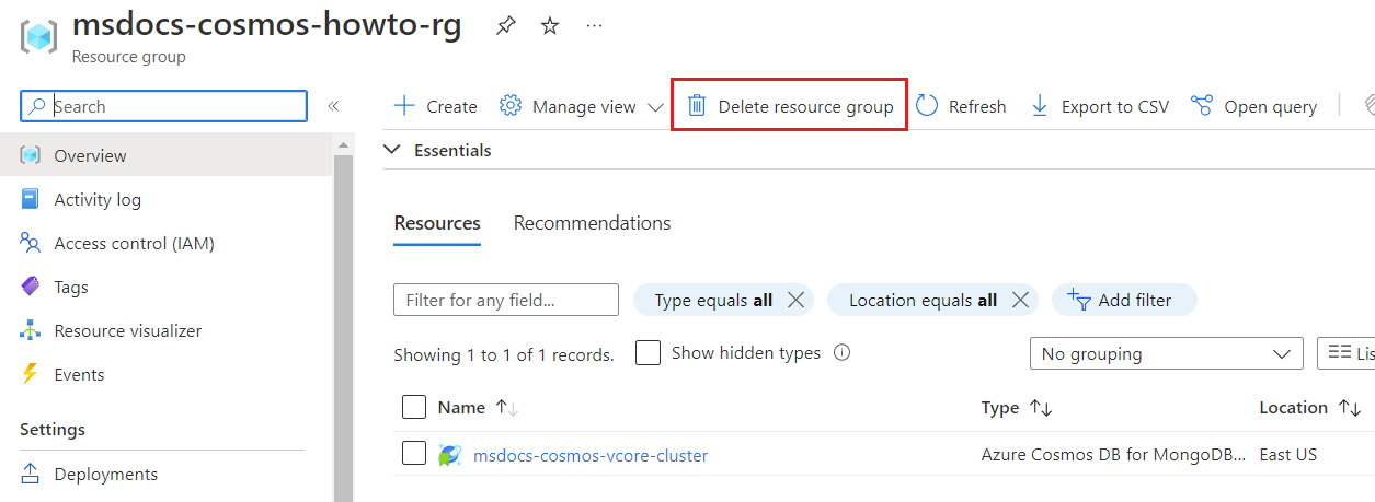 Captura de ecrã da opção eliminar grupo de recursos no menu de um grupo de recursos específico.