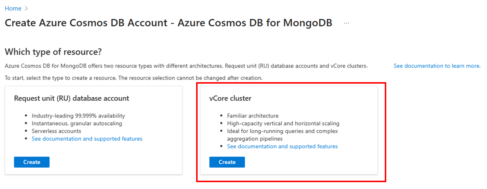 Captura de tela da página de opção selecionar tipo de recurso para o Azure Cosmos DB para MongoDB.