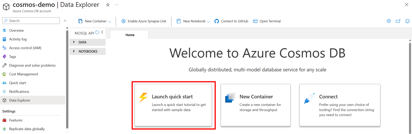 Captura de tela que mostra como iniciar o início rápido para carregar um conjunto de dados de exemplo no portal do Azure.