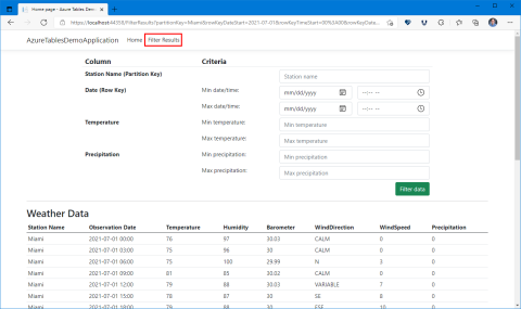 Captura de ecrã da aplicação a mostrar a página de resultados do filtro e a realçar o item de menu utilizado para navegar para a página.