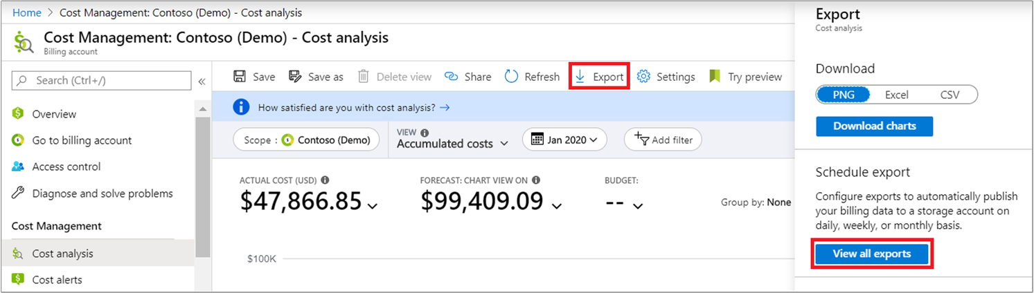 Captura de ecrã a mostrar a seleção Exportar e Ver todas as exportações.