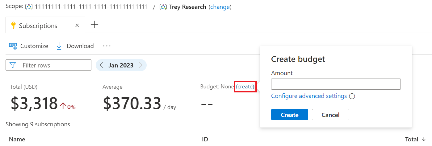 Captura de ecrã a mostrar a ligação Criar orçamento – definição avançada.
