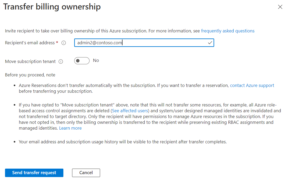 Captura de ecrã a mostrar a página Transferir propriedade de faturação.
