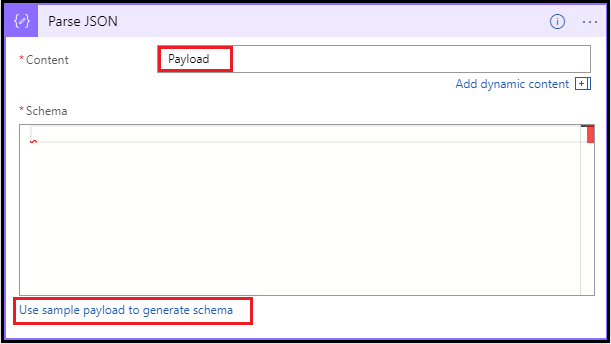 Captura de tela mostrando Usar dados JSON de exemplo para gerar carga útil do esquema.