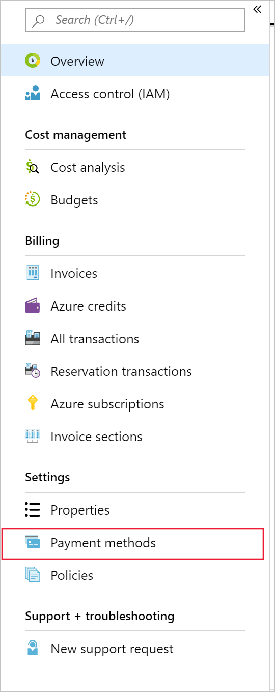 Captura de ecrã a mostrar o item de menu Métodos de pagamento.