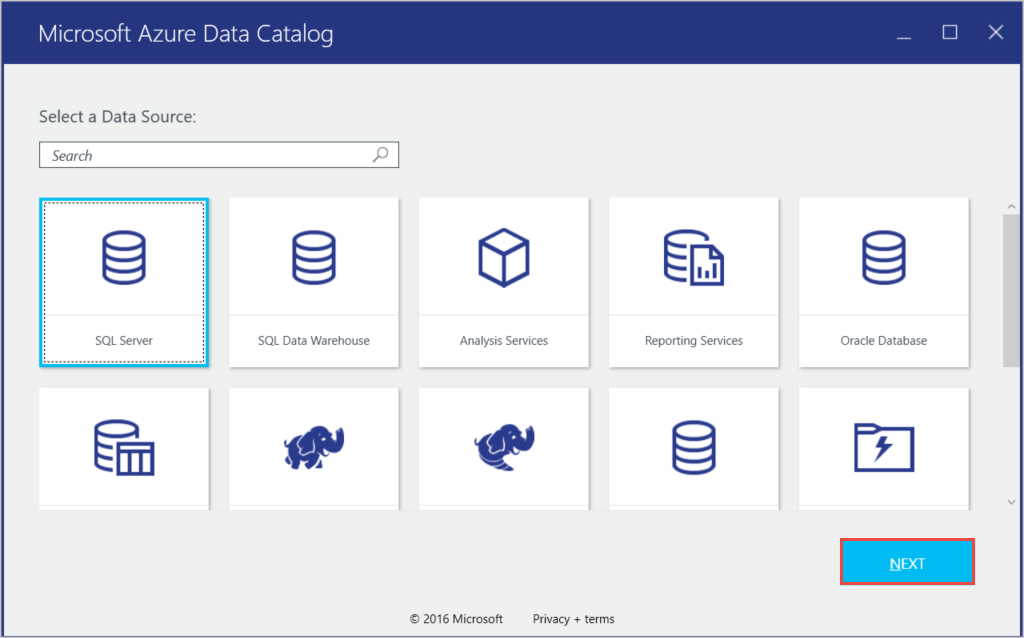 On the Microsoft Azure Data Catalog page, the SQL Server button is selected. Then the next button is selected.