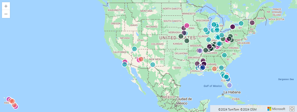 Captura de ecrã a mostrar eventos de séries storm de exemplo num mapa.