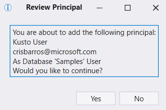 Captura de ecrã da janela Rever Principal a mostrar um pedido de confirmação para adicionar um principal autorizado.