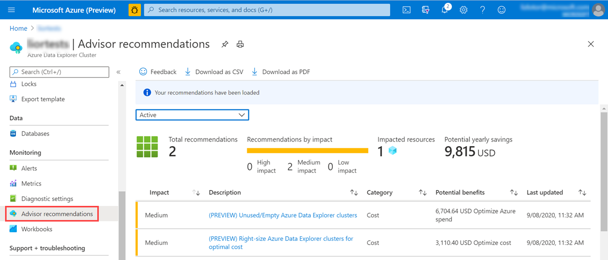 Captura de ecrã das recomendações do Assistente do Azure para um cluster Azure Data Explorer.