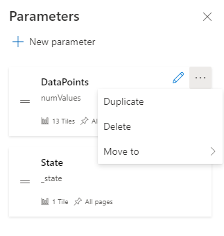 Captura de ecrã a mostrar os cartões de parâmetros de exemplo.