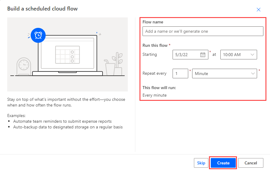 Captura de ecrã a mostrar a página Criar um fluxo agendado, com as opções de nome do Flow realçadas.