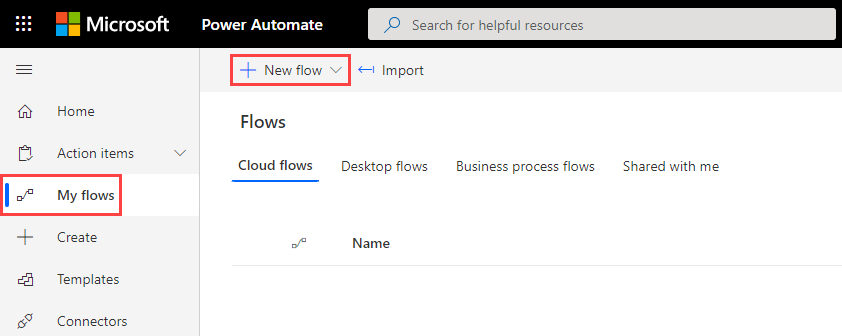 Captura de ecrã da Power Automate home page a mostrar Os meus fluxos e Novo realçados.