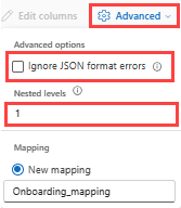 Captura de ecrã a mostrar as opções de JSON avançadas.
