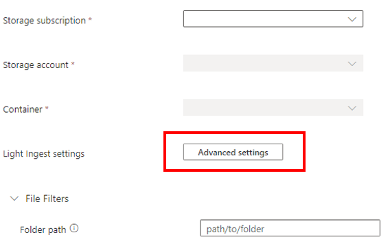 Captura de tela da seleção de configurações avançadas para o processamento de ingestão envolvendo a ferramenta LightIngest.