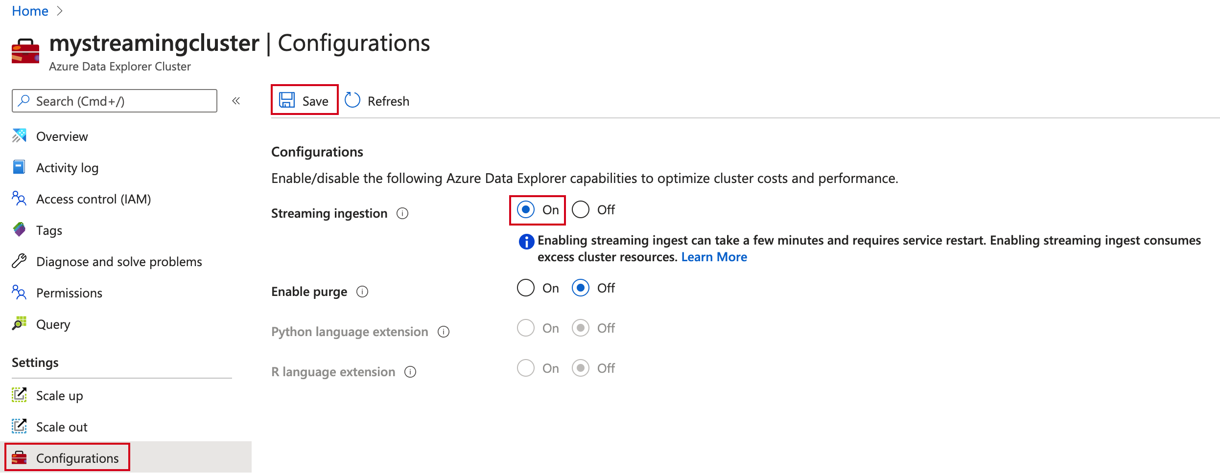 Ative a ingestão de transmissão em fluxo no Azure Data Explorer.
