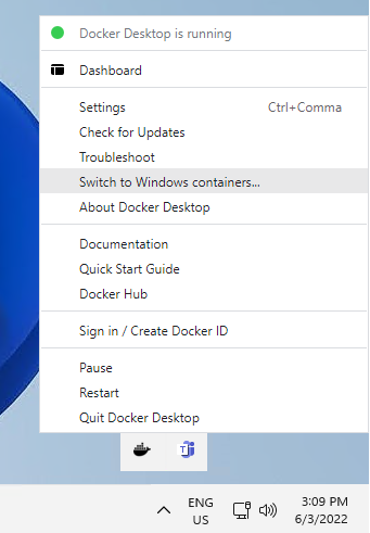 Captura de ecrã a mostrar as definições do Docker, com a opção Mudar para contentores do Windows.