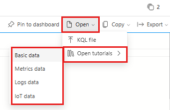 Captura de ecrã a mostrar o menu pendente Web U I do Azure Data Explorer para escolher tutoriais de exemplo na janela de consulta.