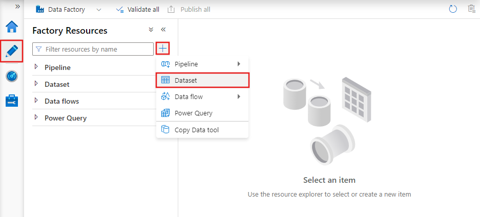 Mostra a guia Autor do Azure Data Factory Studio com o botão novo conjunto de dados selecionado.