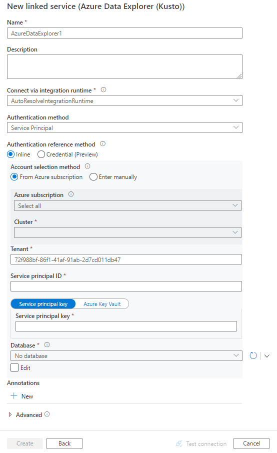 Captura de ecrã da configuração do serviço ligado para o Azure Data Explorer.