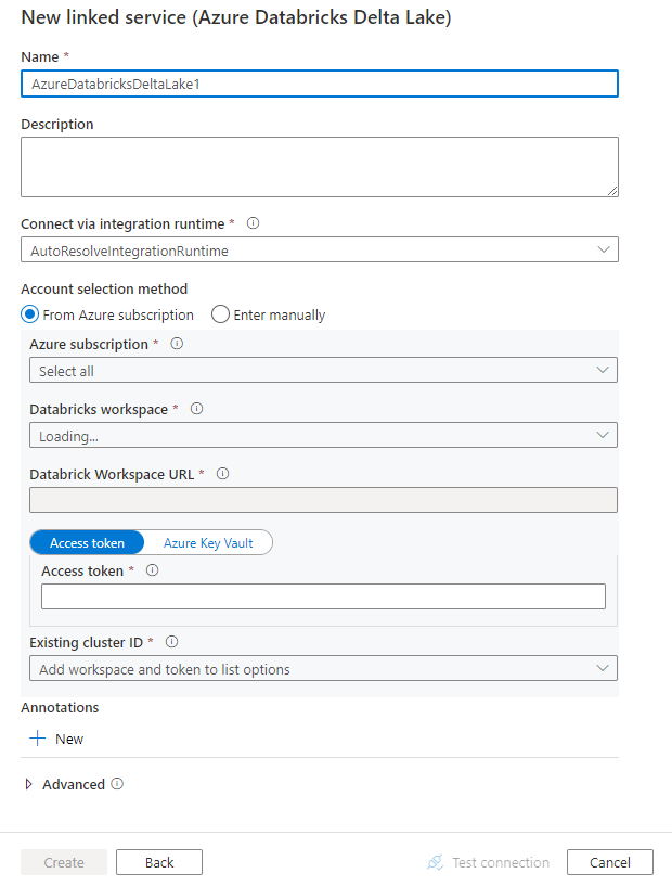 Captura de tela da configuração de um serviço vinculado Delta Lake do Azure Databricks.