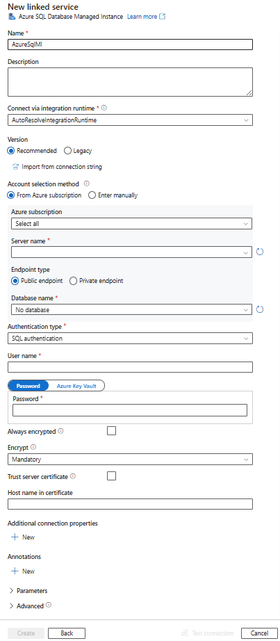 Captura de tela da configuração do serviço vinculado para uma instância gerenciada do SQL.