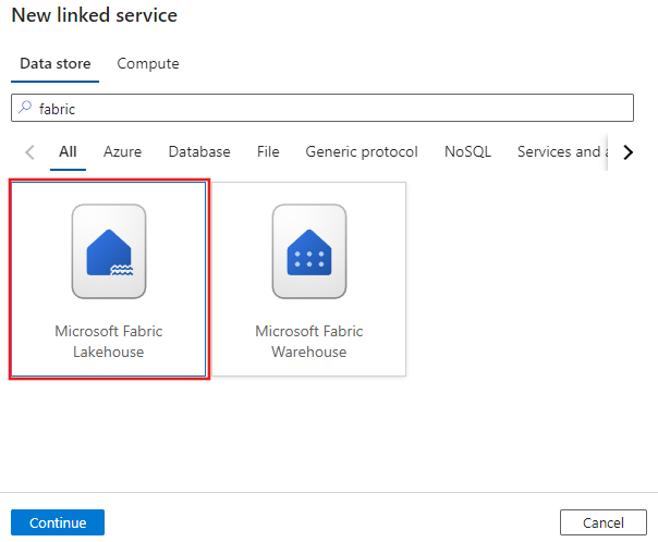 Captura de tela mostrando o conector Microsoft Fabric Lakehouse selecionado.