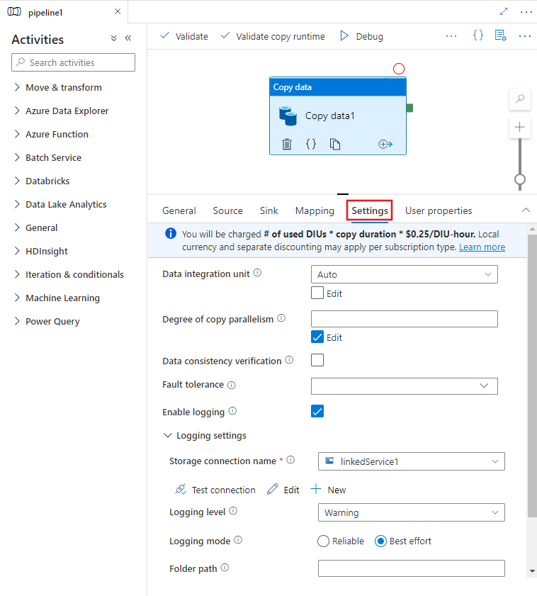 Shows the Copy activity performance features on the Settings tab for the activity in the pipeline editor.