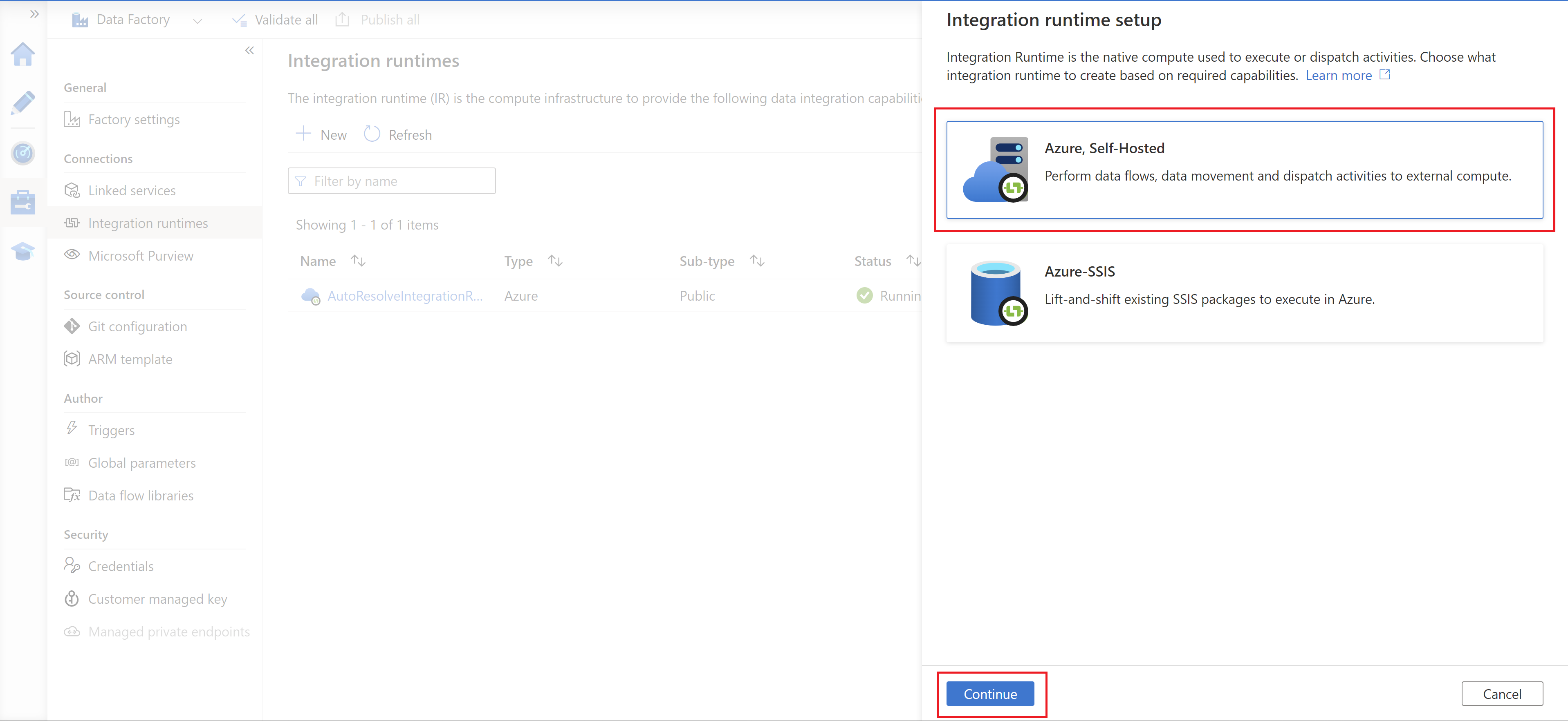 Captura de tela mostrando a opção de tempo de execução de integração auto-hospedada do Azure.
