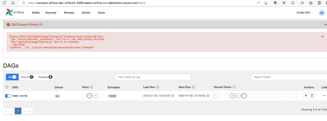 A captura de ecrã mostra problemas de importação de DAG.