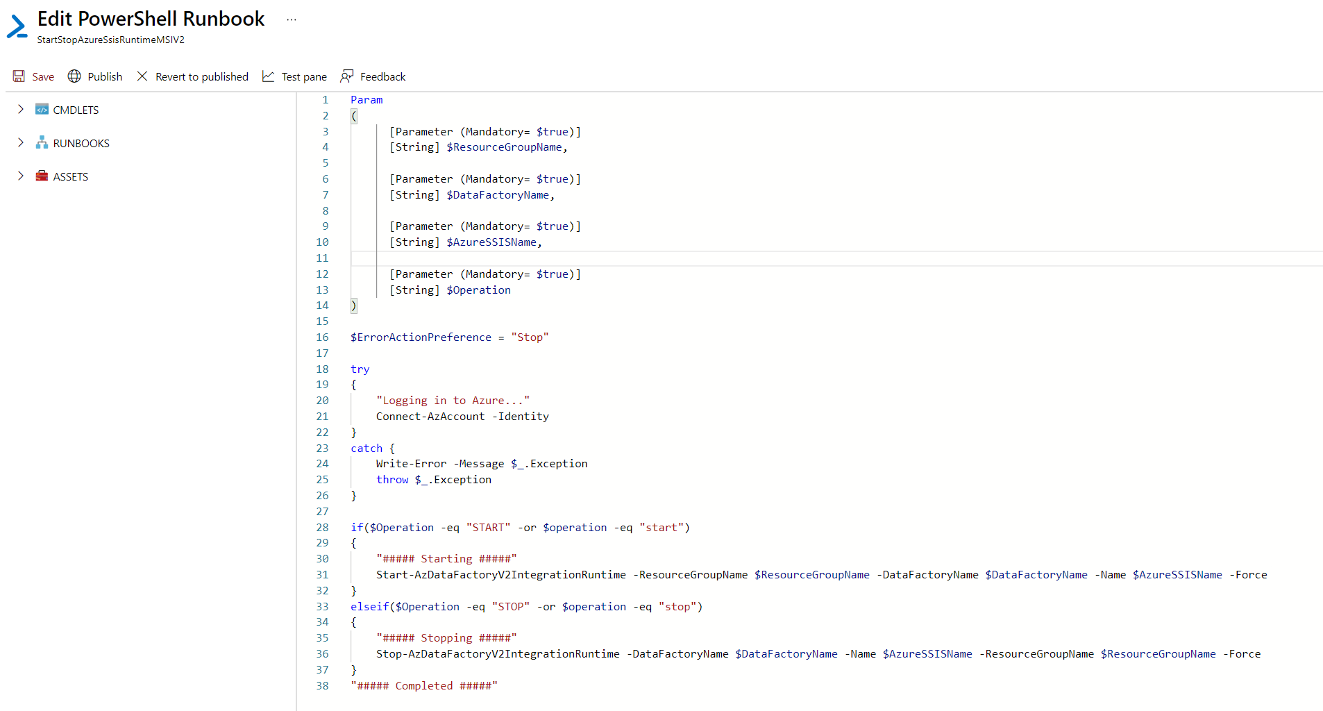 Captura de tela da interface para editar um runbook do PowerShell.