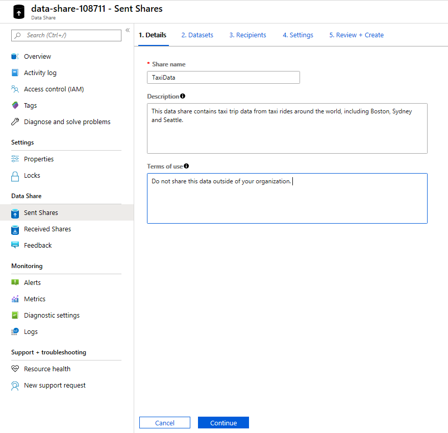 Captura de ecrã a partir do portal do Azure dos detalhes da Partilha de Dados em Partilhas Enviadas.