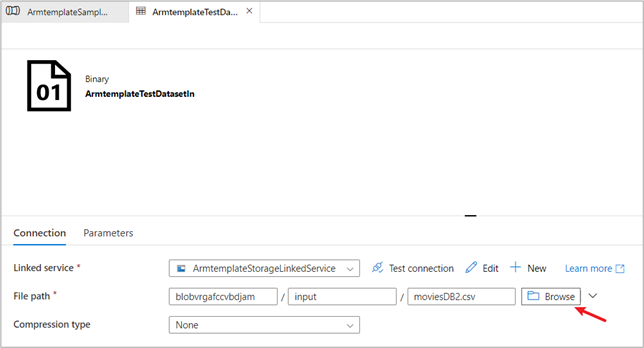 Captura de ecrã do conjunto de dados de origem, com o botão Procurar realçado.
