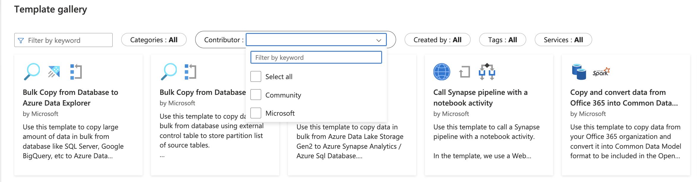 Captura de ecrã da galeria de modelos a mostrar uma opção de contribuinte da Comunidade sob o filtro de Contribuinte.