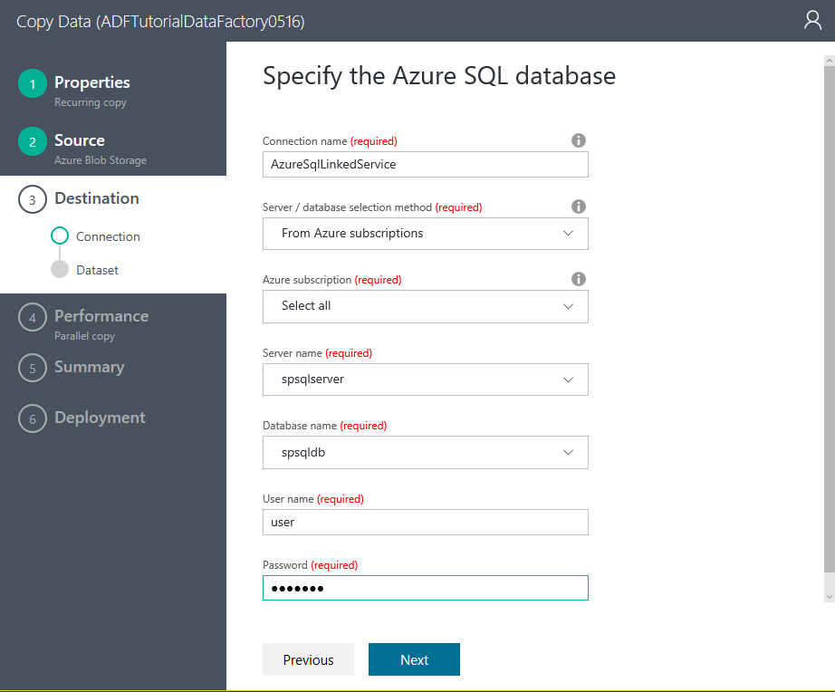 Ferramenta de Cópia - especifique SQL do Azure Base de Dados