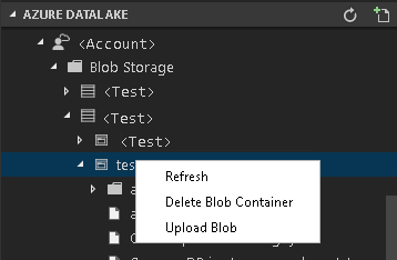Shortcut menu commands for a blob container node under Blob storage