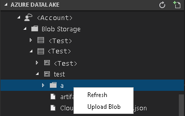 Shortcut menu commands for a folder node under Blob storage