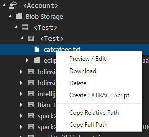 Shortcut menu commands for a file node under Blob storage
