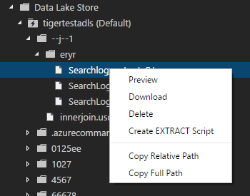 Comandos de menu de atalho para um nó de ficheiro no Data Lake Explorer