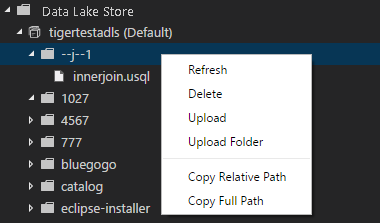 Comandos de menu de atalho para um nó de pasta no Data Lake Explorer