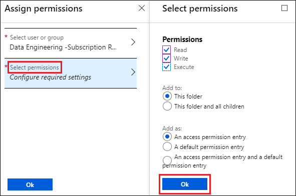 Captura de ecrã do painel Atribuir permissões com a opção Selecionar permissões realçada e o painel Selecionar permissões com a opção Ok realçada.