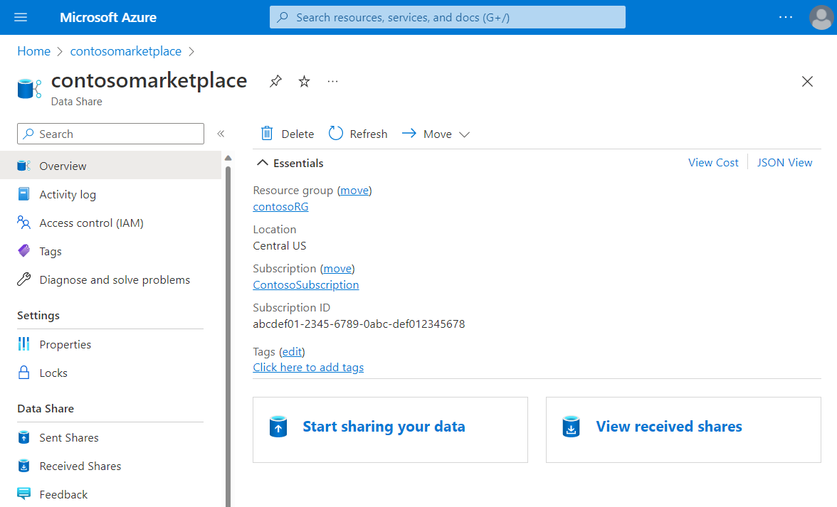 Captura de ecrã a mostrar a página de descrição geral do Azure Data Share no portal do Azure.