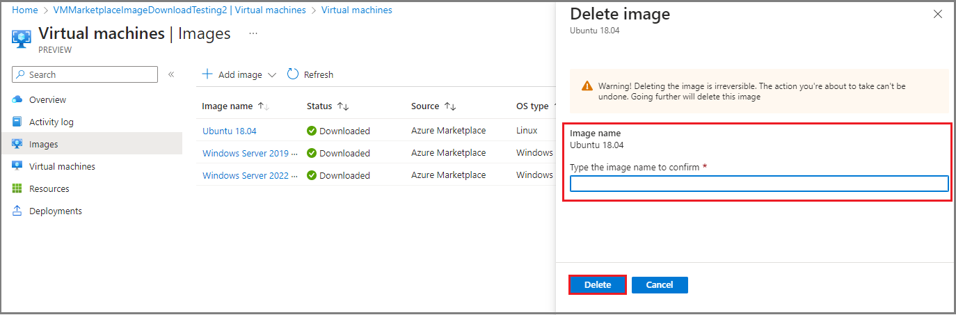 Captura de ecrã a mostrar uma vista de lista de imagens de VM depois de uma VM ter sido eliminada na página Máquinas virtuais de um dispositivo Azure Stack Edge no portal do Azure.
