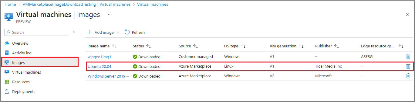Captura de ecrã a mostrar a transferência bem-sucedida de uma nova imagem de VM para um dispositivo Azure Stack Edge no portal do Azure.