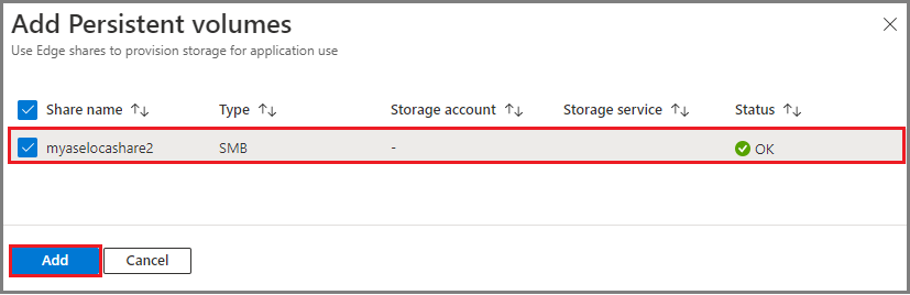 Captura de tela que mostra a caixa de diálogo Azure Stack Edge para Adicionar volumes persistentes.